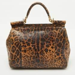 Pre Owned Dolce & Gabbana Brown Karung Leather Leopard Print Large Miss Sicily Top Handle Bag