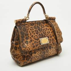 Pre Owned Dolce & Gabbana Brown Karung Leather Leopard Print Large Miss Sicily Top Handle Bag