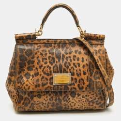 Pre Owned Dolce & Gabbana Brown Karung Leather Leopard Print Large Miss Sicily Top Handle Bag