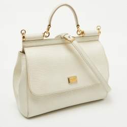 Pre Owned Dolce & Gabbana White Lizard Embossed Leather Medium Miss Sicily Top Handle Bag