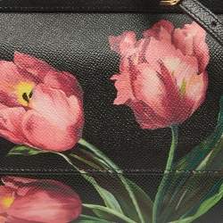 Pre Owned Dolce & Gabbana Black Leather Floral Small Miss Sicily Top Handle Bag