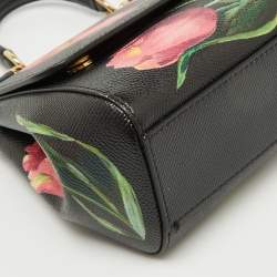 Pre Owned Dolce & Gabbana Black Leather Floral Small Miss Sicily Top Handle Bag