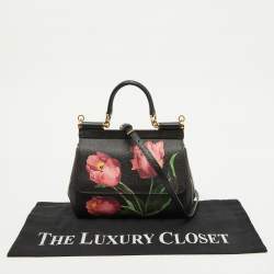 Pre Owned Dolce & Gabbana Black Leather Floral Small Miss Sicily Top Handle Bag