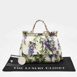 Pre Owned Dolce & Gabbana White/Multicolor Printed Leather Medium Miss Sicily Top Handle Bag