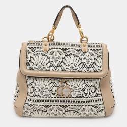 Pre Owned Dolce & Gabbana White/Beige Lace and Leather Large Miss Sicily Heritage Satchel