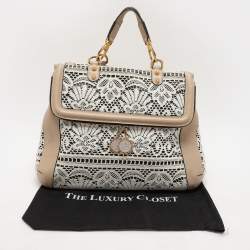 Pre Owned Dolce & Gabbana White/Beige Lace and Leather Large Miss Sicily Heritage Satchel