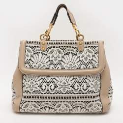 Pre Owned Dolce & Gabbana White/Beige Lace and Leather Large Miss Sicily Heritage Satchel