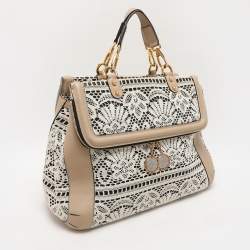 Pre Owned Dolce & Gabbana White/Beige Lace and Leather Large Miss Sicily Heritage Satchel