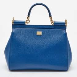 Pre Owned Dolce & Gabbana Blue Leather Drummer Large Miss Sicily Top Handle Bag