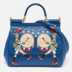 Pre Owned Dolce & Gabbana Blue Leather Drummer Large Miss Sicily Top Handle Bag