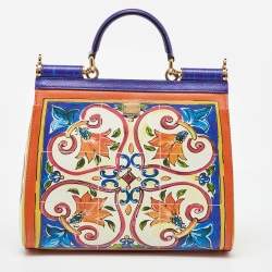 Pre Owned Dolce & Gabbana Multicolor Leather Majolica Print Large Miss Sicily Top Handle Bag