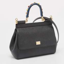Pre Owned Dolce & Gabbana Black Leather Small Studded Miss Sicily Top Handle Bag