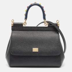 Pre Owned Dolce & Gabbana Black Leather Small Studded Miss Sicily Top Handle Bag