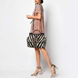 Pre Owned Dolce & Gabbana Brown/Off White Zebra Print Calf Hair Large Miss Sicily Top Handle Bag