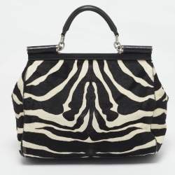 Pre Owned Dolce & Gabbana Brown/Off White Zebra Print Calf Hair Large Miss Sicily Top Handle Bag