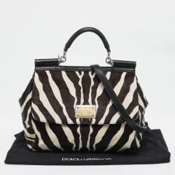 Pre Owned Dolce & Gabbana Brown/Off White Zebra Print Calf Hair Large Miss Sicily Top Handle Bag