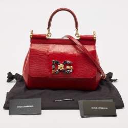 Dolce & Gabbana Red Lizard Embossed Leather Small Crystals DG Miss Sicily Bag