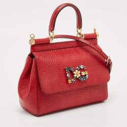 Dolce & Gabbana Red Lizard Embossed Leather Small Crystals DG Miss Sicily Bag