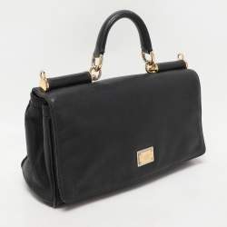 Dolce & Gabbana Black Leather Miss Sicily Chain Top Handle Bag