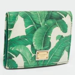Dolce & Gabbana Green/White Leather Banana Leaf Printed Card Case