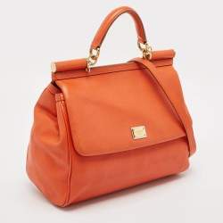 Dolce & Gabbana Orange Leather Large Miss Sicily Top Handle Bag