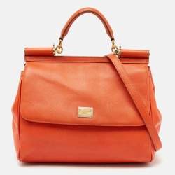 Dolce & Gabbana Orange Leather Large Miss Sicily Top Handle Bag
