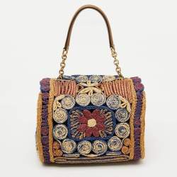 Pre Owned Dolce & Gabbana Multicolor Floral Raffia Miss Dolce Top Handle Bag