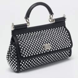 Pre Owned Dolce & Gabbana Black Satin and Leather Mini Crystals Sicily Top Handle Bag