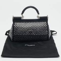 Pre Owned Dolce & Gabbana Black Satin and Leather Mini Crystals Sicily Top Handle Bag