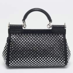 Pre Owned Dolce & Gabbana Black Satin and Leather Mini Crystals Sicily Top Handle Bag