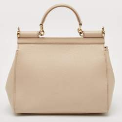 Pre Owned Dolce & Gabbana Light Beige Leather Medium Miss Sicily Top Handle Bag