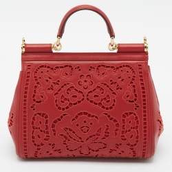 Pre Owned Dolce & Gabbana Red Laser Cut Leather Medium Miss Sicily Top Handle Bag
