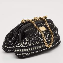 Dolce & Gabbana Black/White Leather and Lace Kiss Lock Chain Clutch