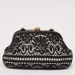 Dolce & Gabbana Black/White Leather and Lace Kiss Lock Chain Clutch