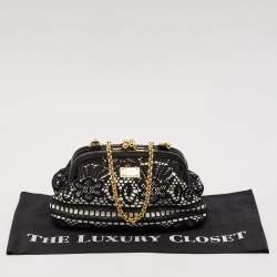 Dolce & Gabbana Black/White Leather and Lace Kiss Lock Chain Clutch