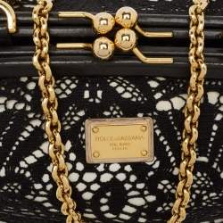 Dolce & Gabbana Black/White Leather and Lace Kiss Lock Chain Clutch