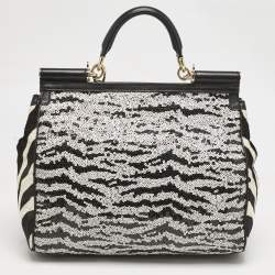 Dolce & Gabbana Black/White Sequins and Calf Hair Large Miss Sicily Top Handle Bag