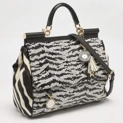 Dolce & Gabbana Black/White Sequins and Calf Hair Large Miss Sicily Top Handle Bag
