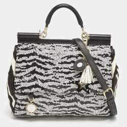 Dolce & Gabbana Black/White Sequins and Calf Hair Large Miss Sicily Top Handle Bag