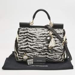Dolce & Gabbana Black/White Sequins and Calf Hair Large Miss Sicily Top Handle Bag