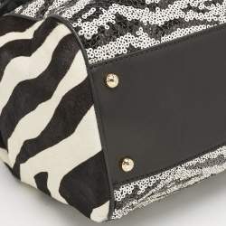Dolce & Gabbana Black/White Sequins and Calf Hair Large Miss Sicily Top Handle Bag