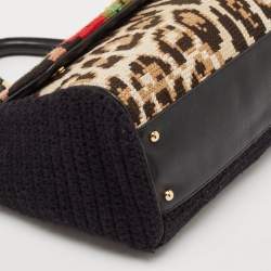 Pre Owned Dolce & Gabbana Black Crochet and Leather Floral Miss Sicily Top Handle Bag