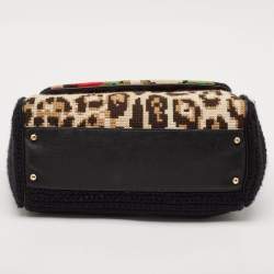 Pre Owned Dolce & Gabbana Black Crochet and Leather Floral Miss Sicily Top Handle Bag