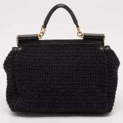 Pre Owned Dolce & Gabbana Black Crochet and Leather Floral Miss Sicily Top Handle Bag