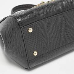 Pre Owned Dolce & Gabbana Black Lizard Embossed Leather Crystal DG Logo Large Miss Sicily Bag