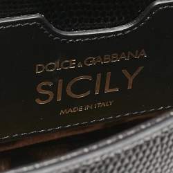 Pre Owned Dolce & Gabbana Black Lizard Embossed Leather Crystal DG Logo Large Miss Sicily Bag