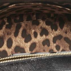 Pre Owned Dolce & Gabbana Black Lizard Embossed Leather Crystal DG Logo Large Miss Sicily Bag