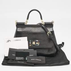Pre Owned Dolce & Gabbana Black Lizard Embossed Leather Crystal DG Logo Large Miss Sicily Bag