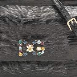 Pre Owned Dolce & Gabbana Black Lizard Embossed Leather Crystal DG Logo Large Miss Sicily Bag