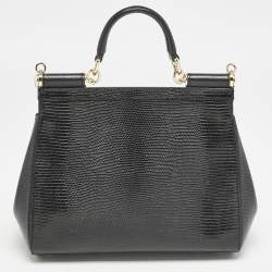 Pre Owned Dolce & Gabbana Black Lizard Embossed Leather Crystal DG Logo Large Miss Sicily Bag